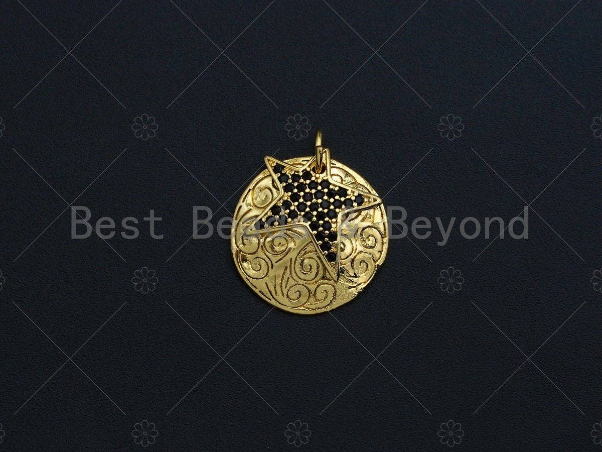 18K Gold Medallion Round Coin with Black Pave Star Charm, Brass Medallion, Gold