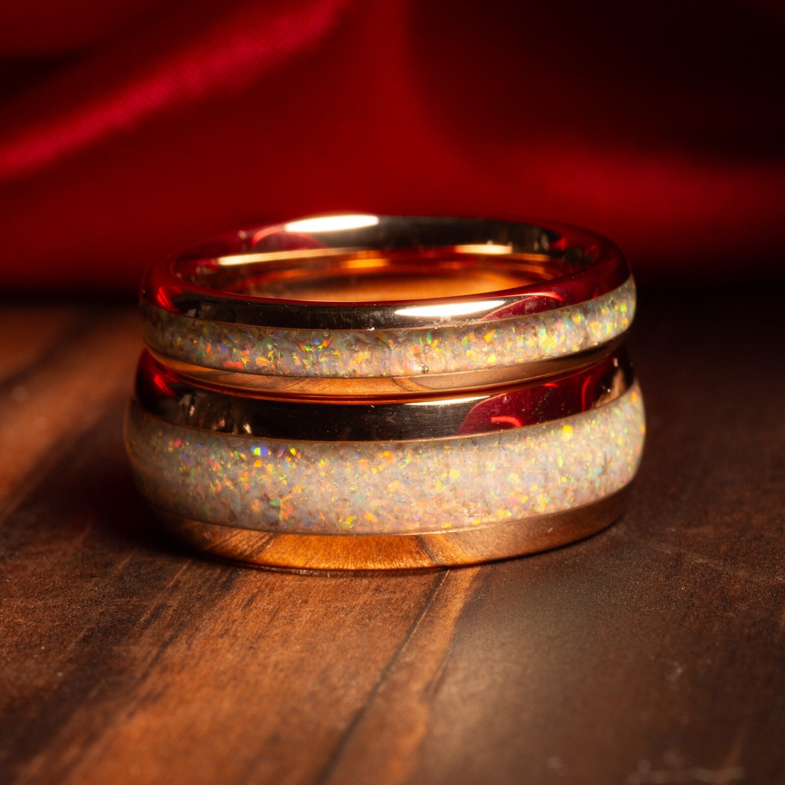 Fire Opal Couples Ring Set, Rose Gold Match His and Hers Tungsten Wedding Bands