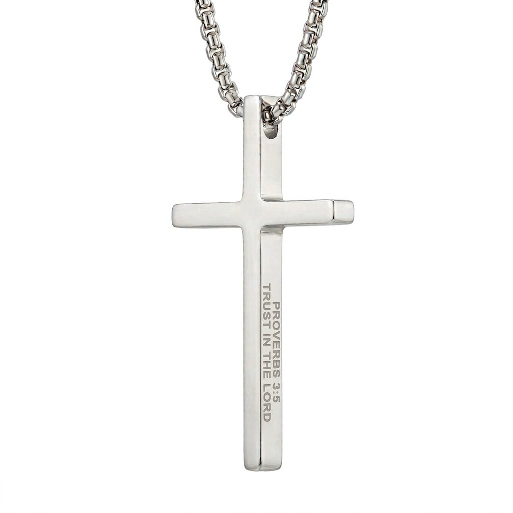 Engraved Stainless Steel Cross Necklace with Bible Verses
