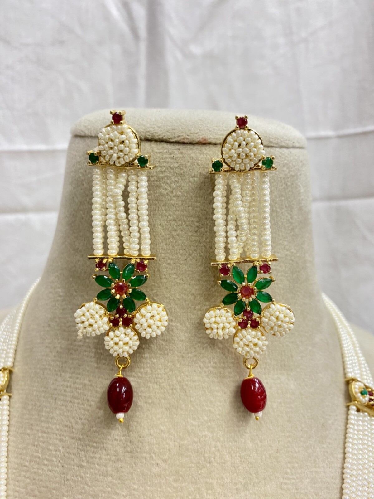 Indian Ruby Emerald Pearl Necklace Set Bridal Jewelry long Wedding Party Wear