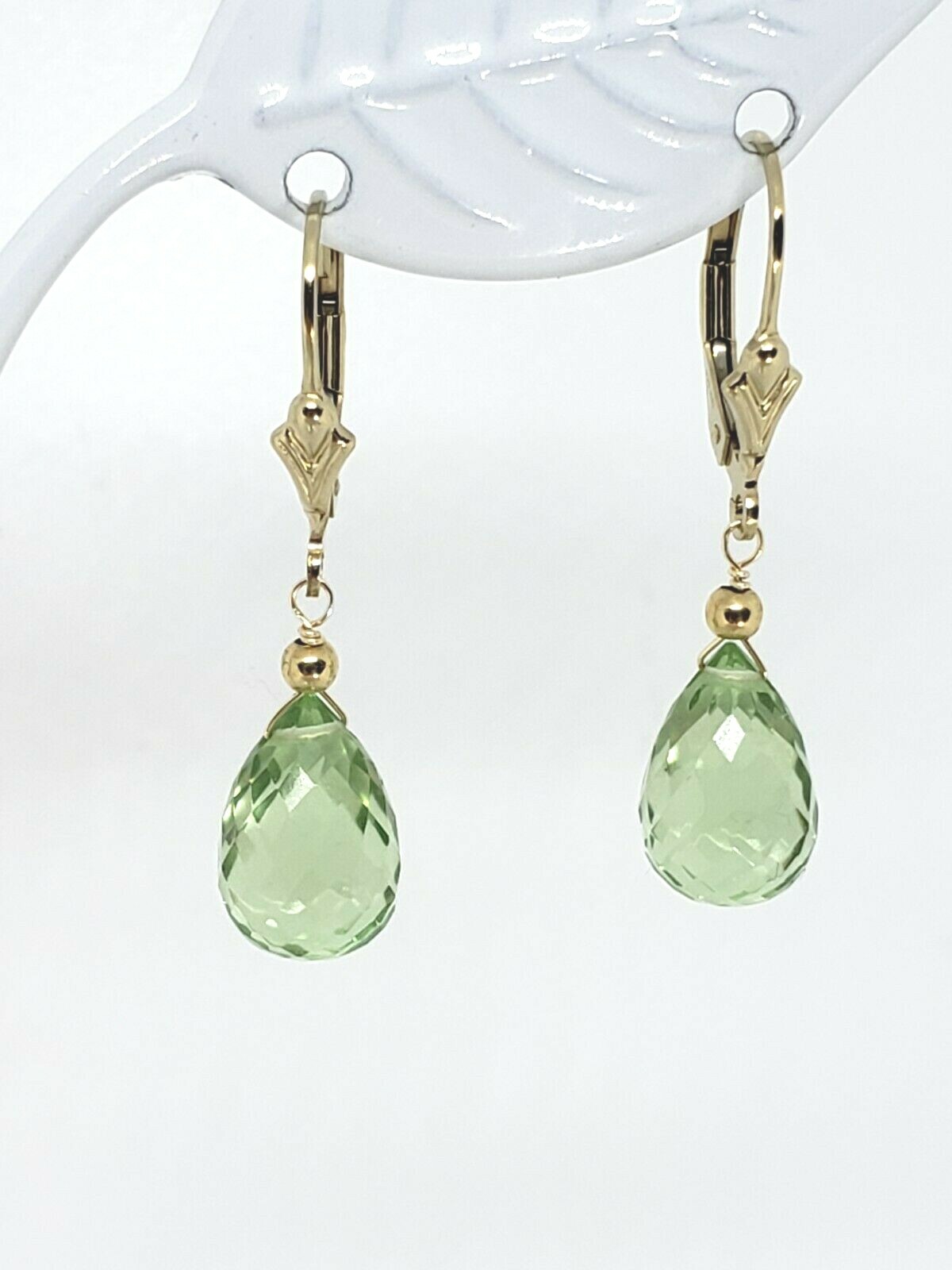 14k Yellow Gold Filled Faceted Green Amethyst Briolette Drop Dangle Earrings