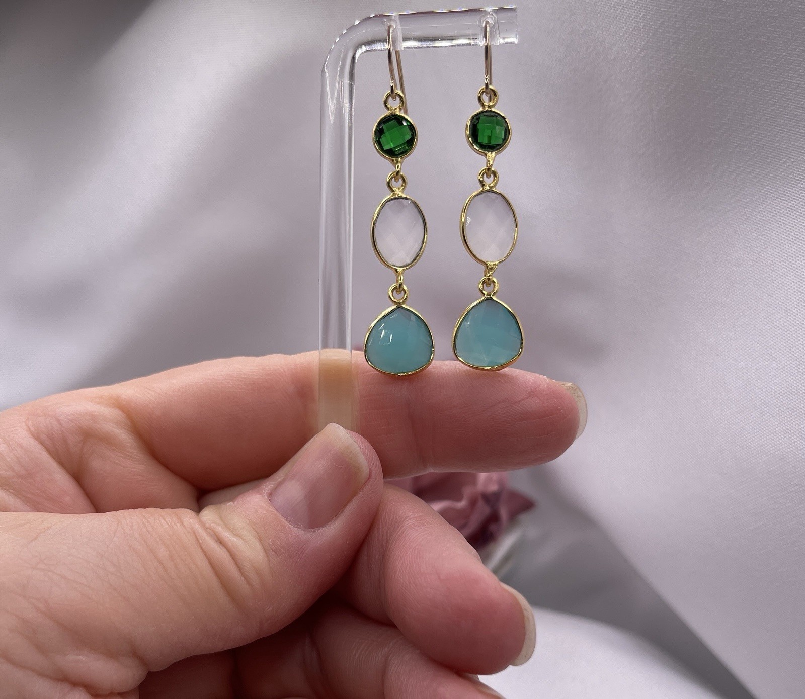 Sim. Aquamarine Emerald Earrings Briolette Drop – 14K Gold Filled Hooks