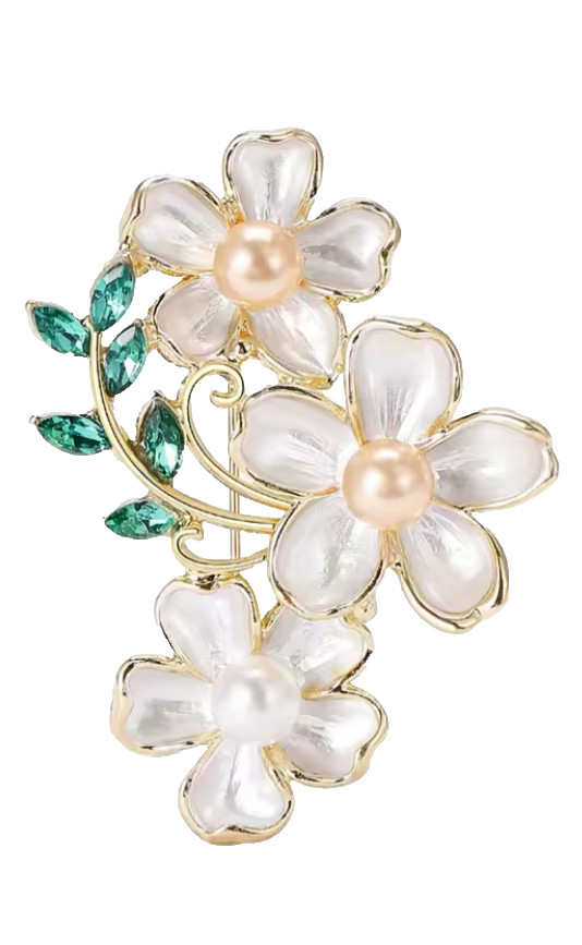 Daisy Flower Brooch Gold Tone Enamel Pearl Floral Pin Crystal Nature Gift Jewelr