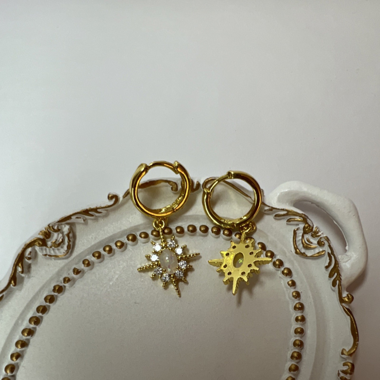Gold Plated Star Opal Dangle Hoop Earrings, White Crystal, Prong Setting