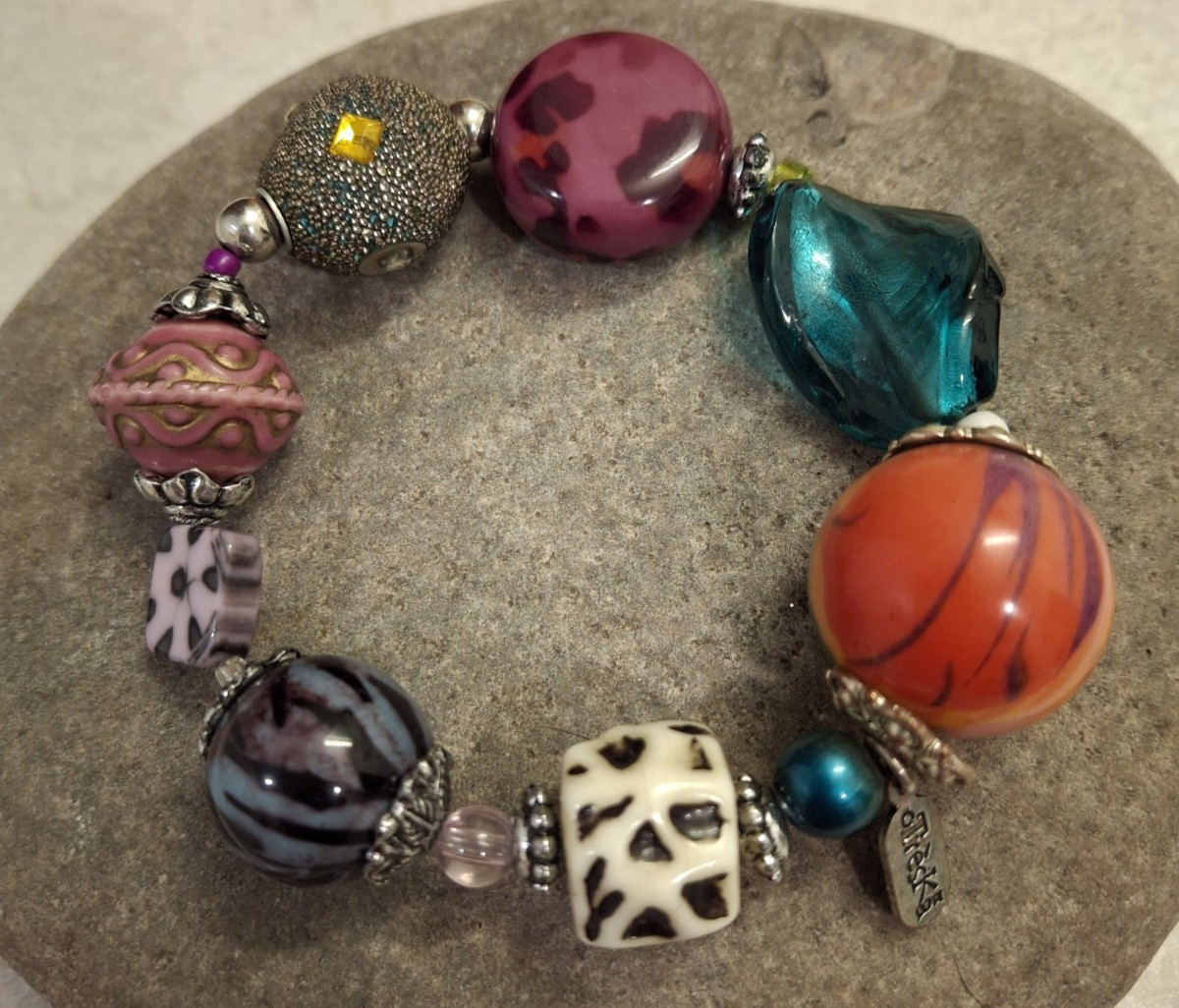 TRESKA Mixed Bead Stretch Bracelet Chunky Bold Colorful Boho Excellent Pre-Owned