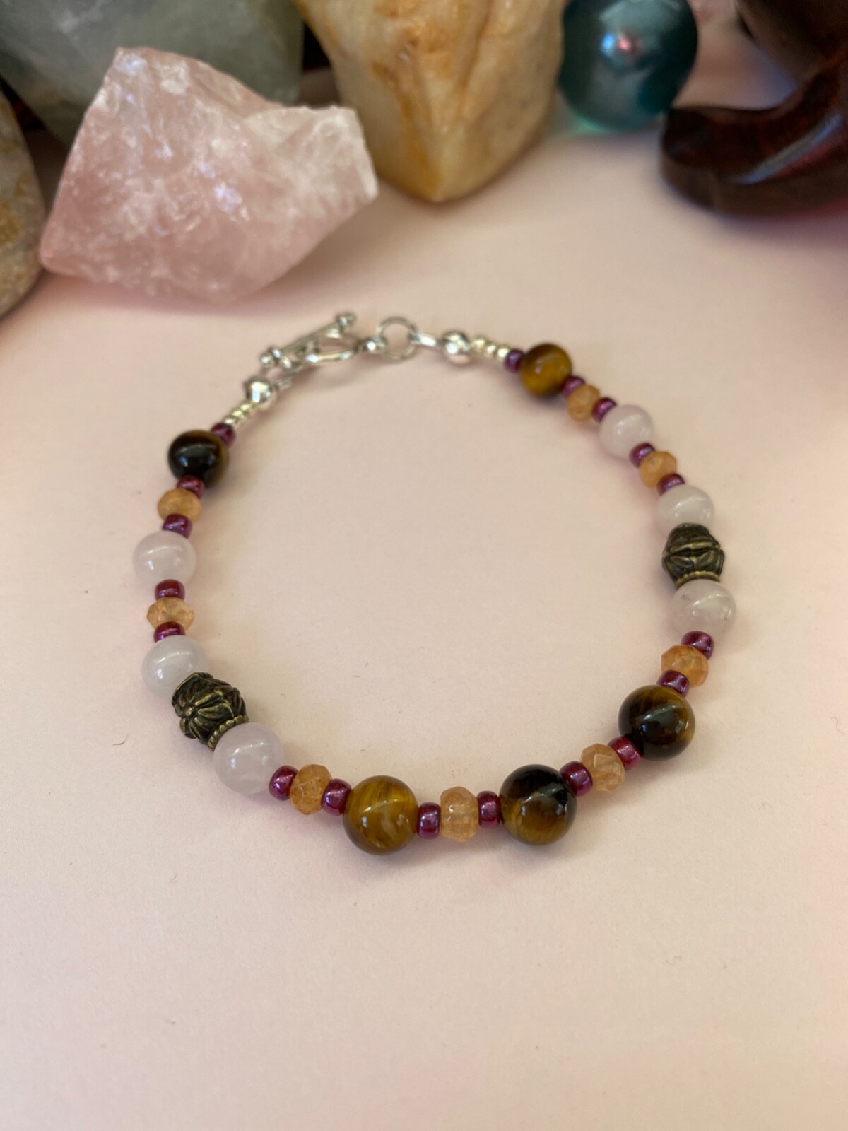 Women’s Tiger’s Eye & Rose Quartz Bracelet w/Jade. 6 in. Toggle Closure.