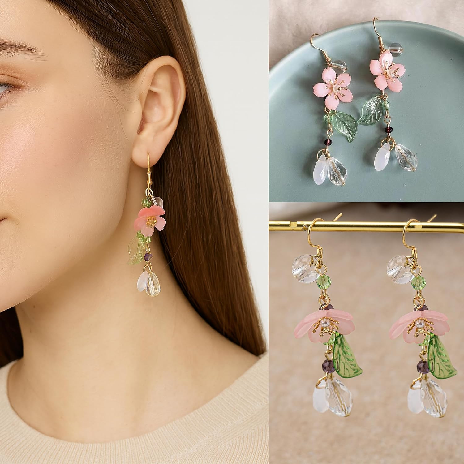 9 Pairs Floral Earrings Set Inspired Long Dangle Flower Leaf Designed Earrings w