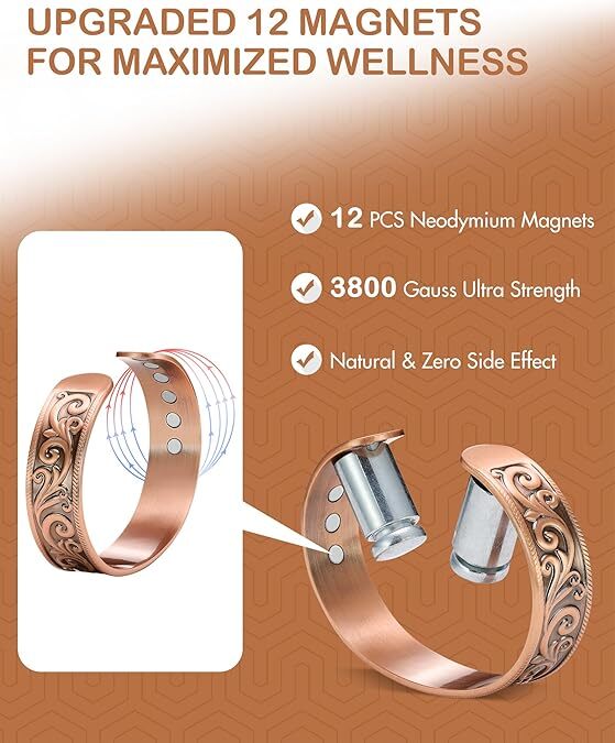 Pulsera de Cobre Puro Feraco, Magnética 3500 Gauss, Ajustable