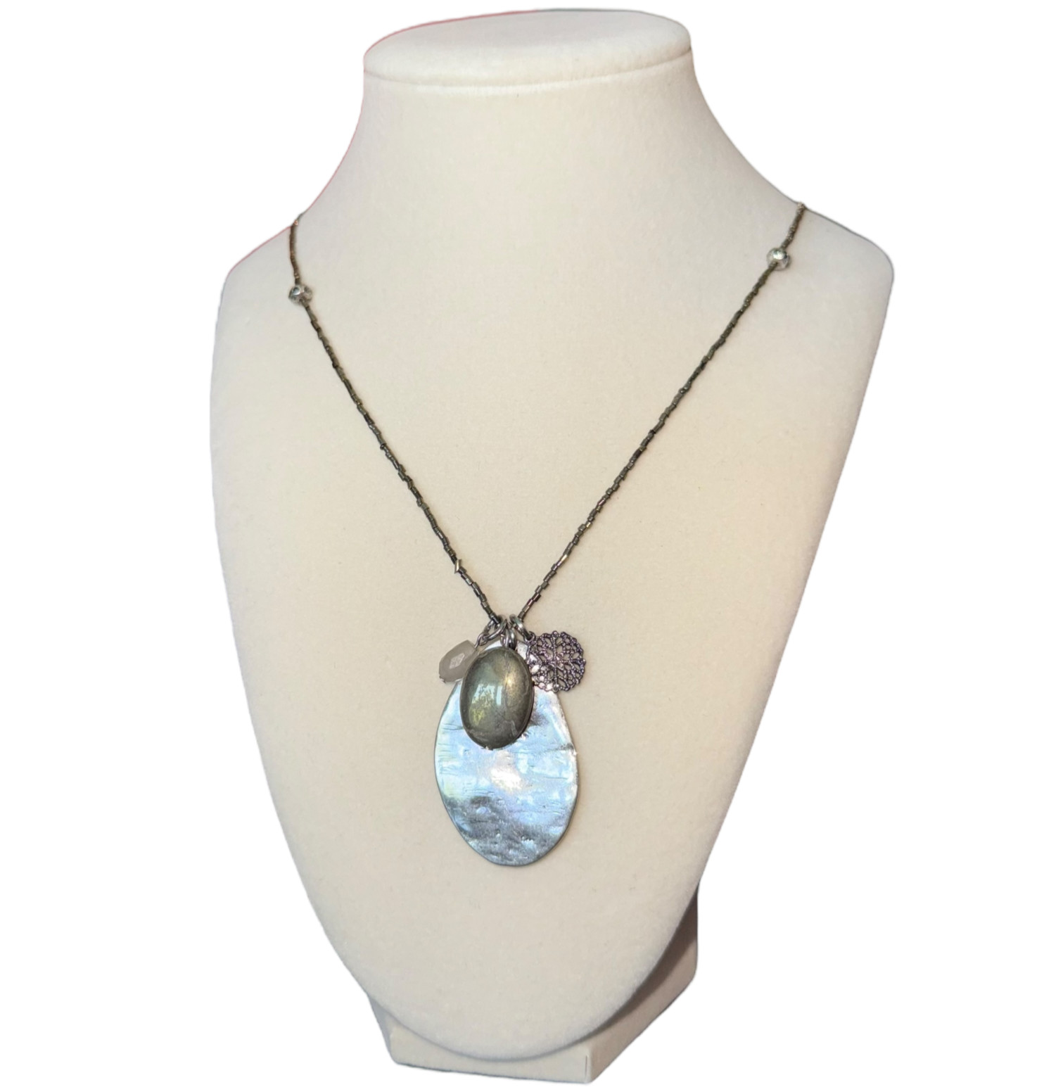 J Jill Necklace Silver Tone Charm Pendant Beaded Chain 16″ Boho Artisan Coastal