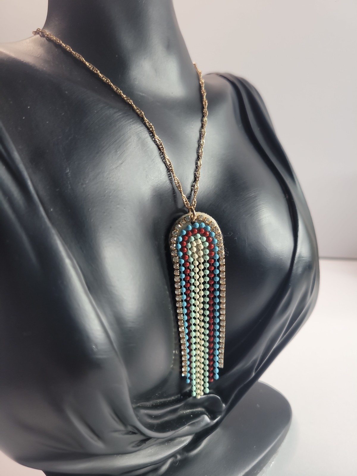 Boho Beaded Tassel Pendant Necklace Rhinestone Fringe Turquoise Red Gold Tone St