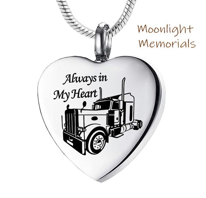 New Tractor Trailer Trucker Always Heart Urn Cremation Pendant Ashes Necklace