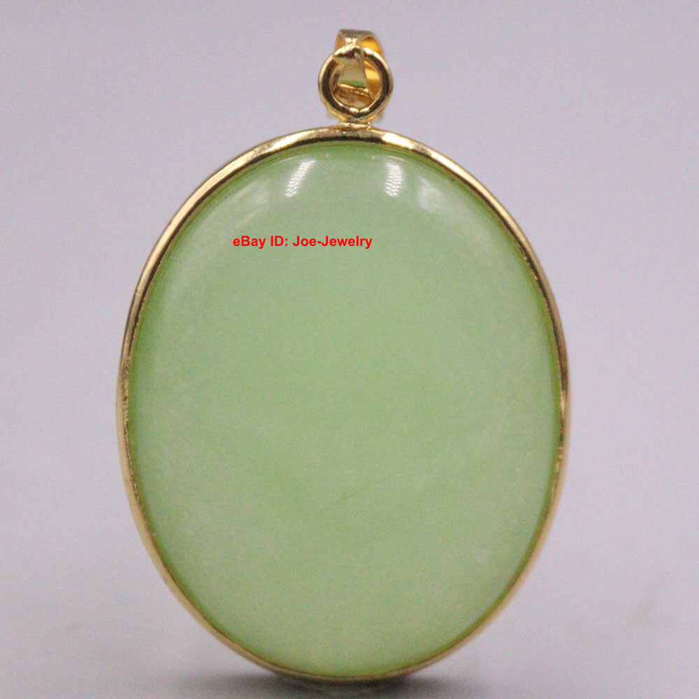 Yellow Gold Plated Alloy with Heated Oval Light-Green Jade Pendant 1.50inch L