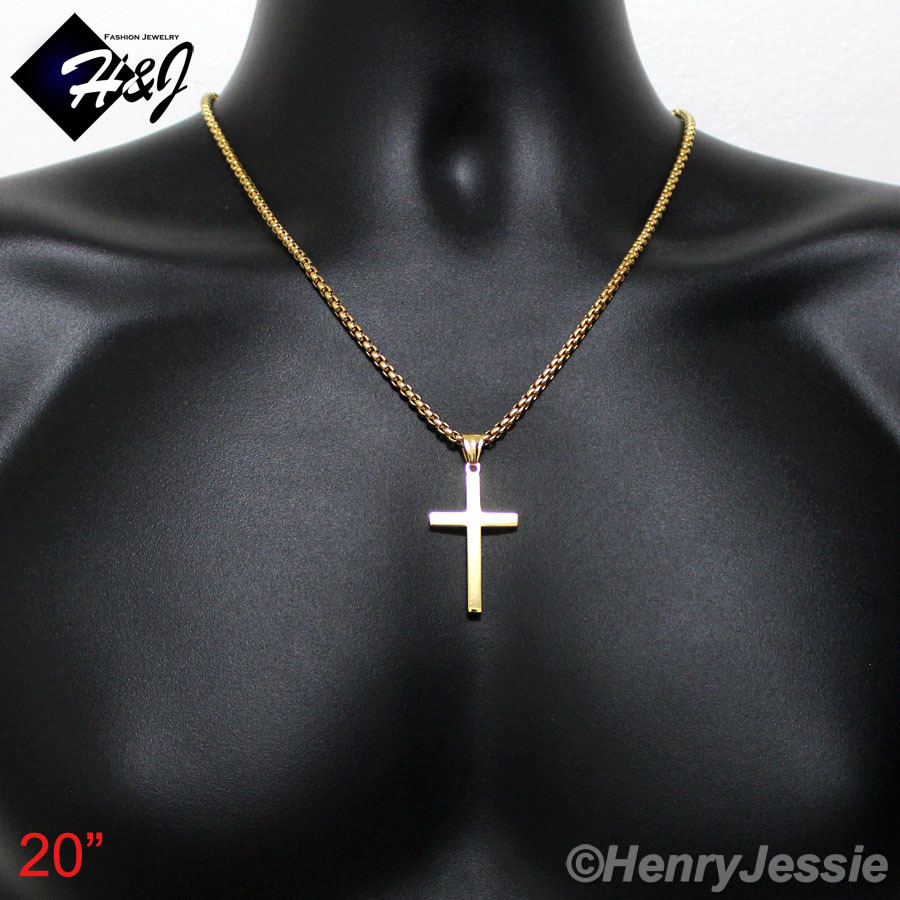 16-36″MEN Stainless Steel 2mm/3mm Gold Plated Box Link Chain Cross Pendant*GP