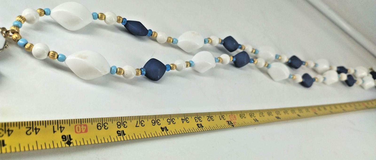 Costume Jewelry Blue Gold & White Beaded Bejeweled Pendent Necklace & Earrings