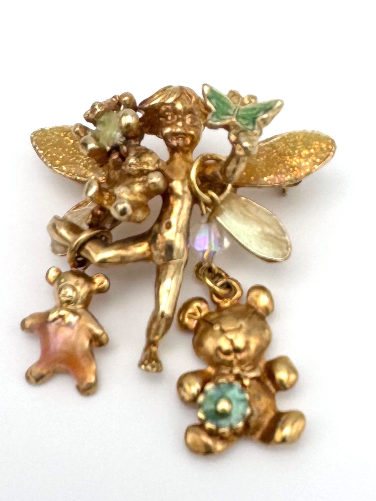 VTG Kirks Folly Fairy Brooch Pin Gold Tone Dangle Bears Butterfly Enamel Signed
