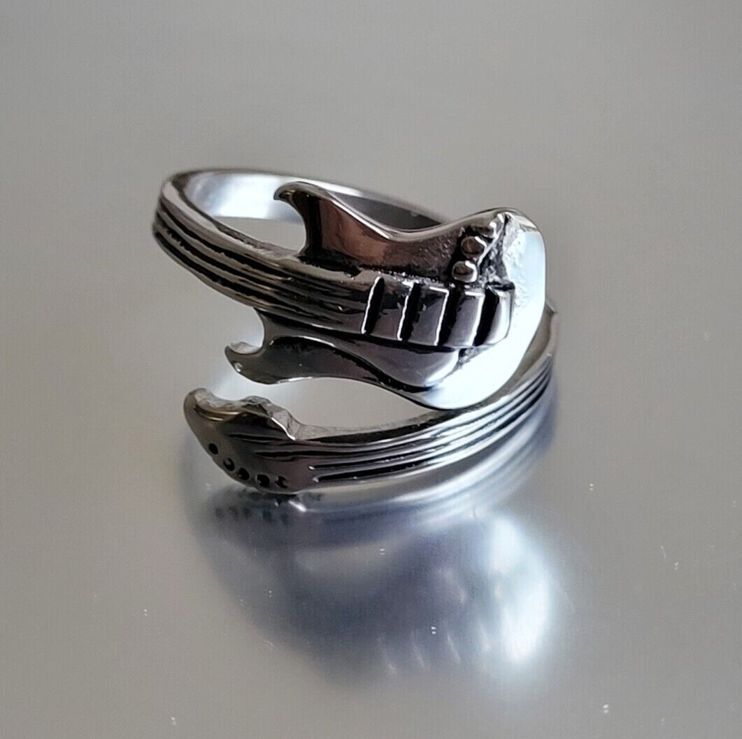 Stainless Steel Guitar Spoon Ring – Musician Adjustable Boho Band