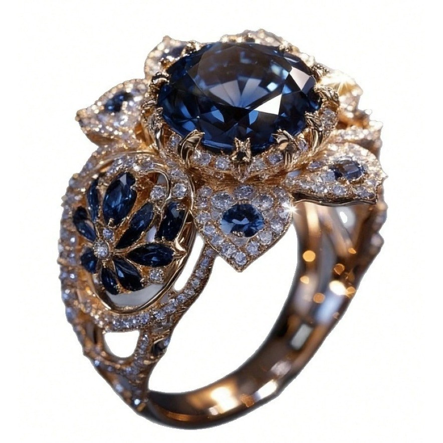Blue Sapphire Floral Statement Ring Gold Tone Filigree Cocktail Ring Size 6