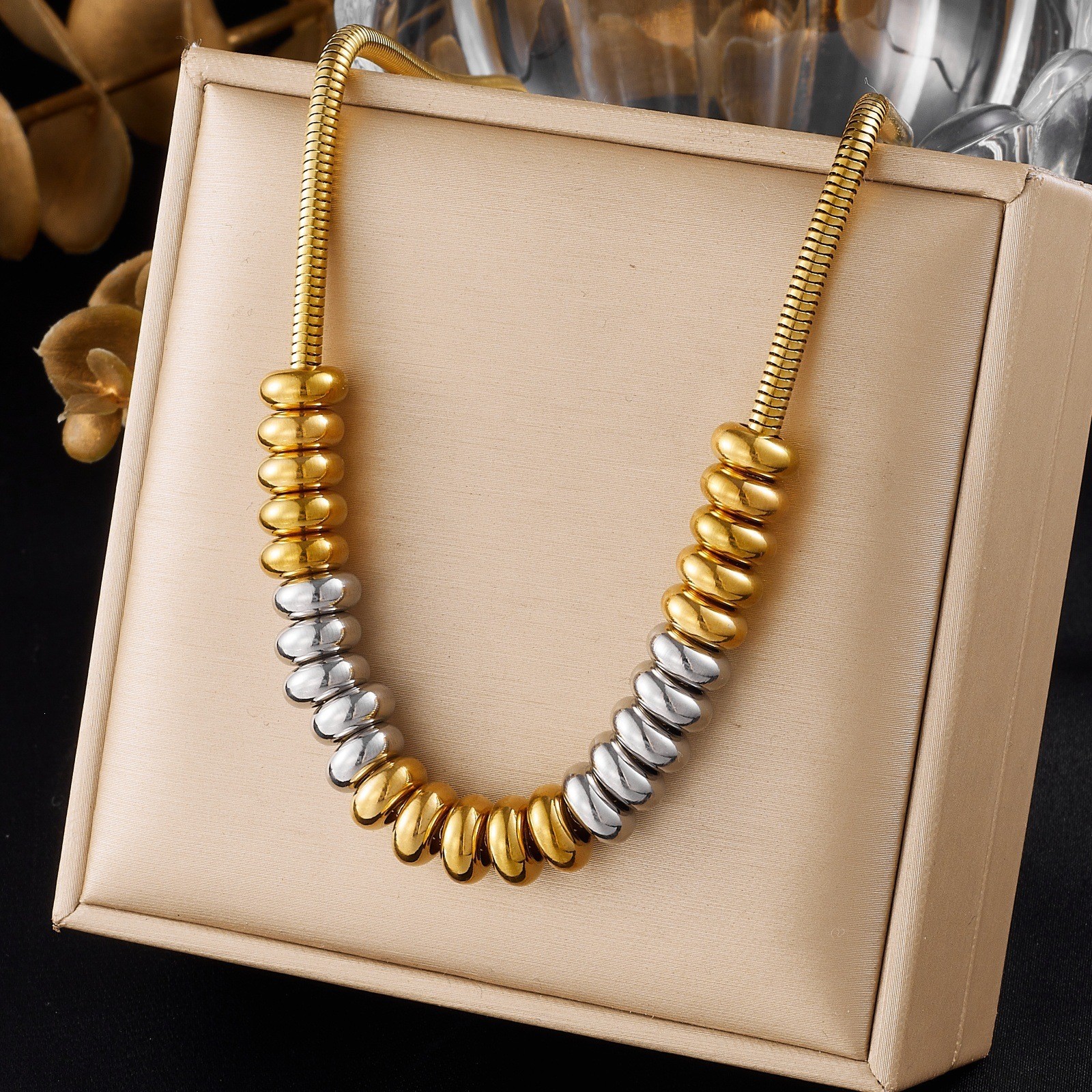 Flat Bead Snake Choker Gold Stainless Steel French Women Soft Elegant Necklace