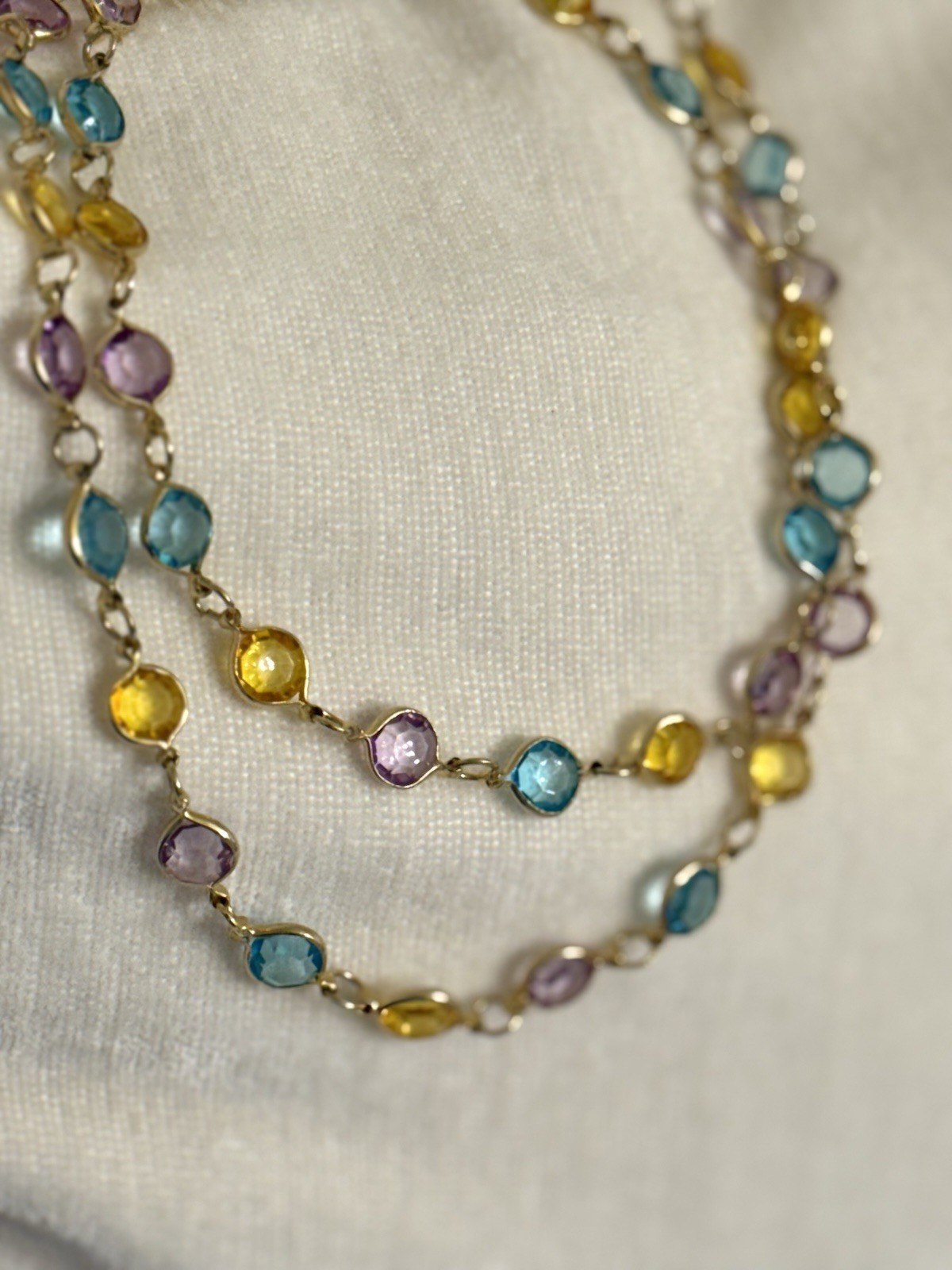 28″ Multi-Gemstone Station Necklace Gold Tone Bezel Set Blue Purple Yellow Boho