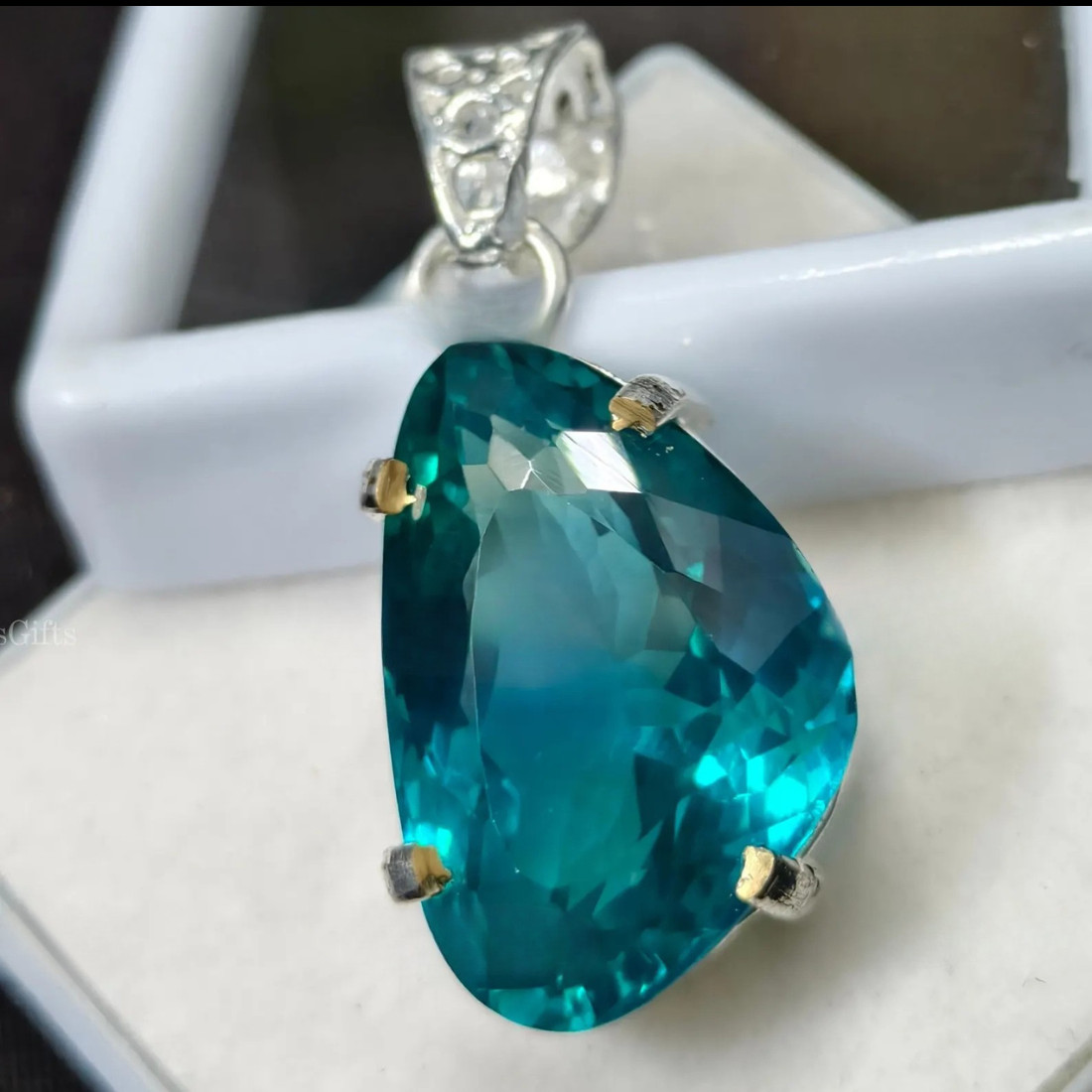 Green Bluish Lab Sapphire Pendant German Silver Charm Necklace Gift for Her