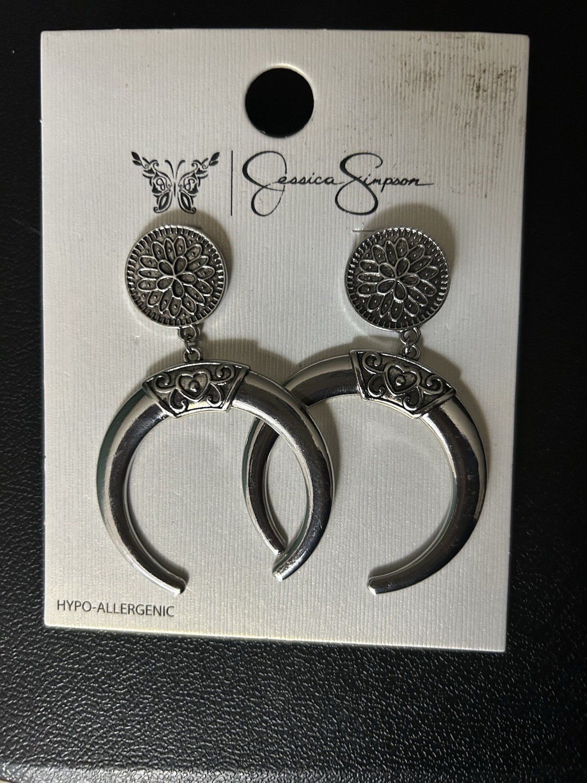 Jessica Simpson Hypo-Allergenic Silvertone Crescent Flower Earrings NEW