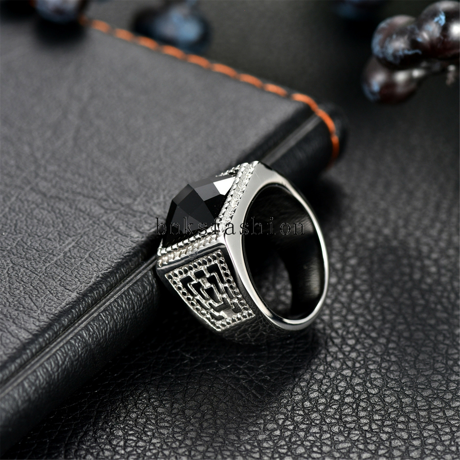 Stainless Steel Black Stone Ring Mens Classic Jewelry Ring Band Gift Size 8-13