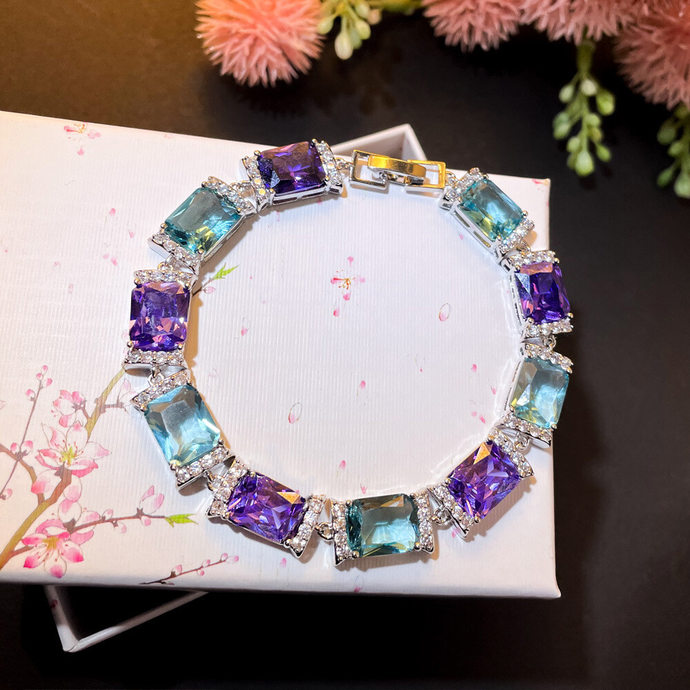 New Mix Color Light Blue Topaz Amethyst Gemstone Silver Women Bracelets 7.4 inch