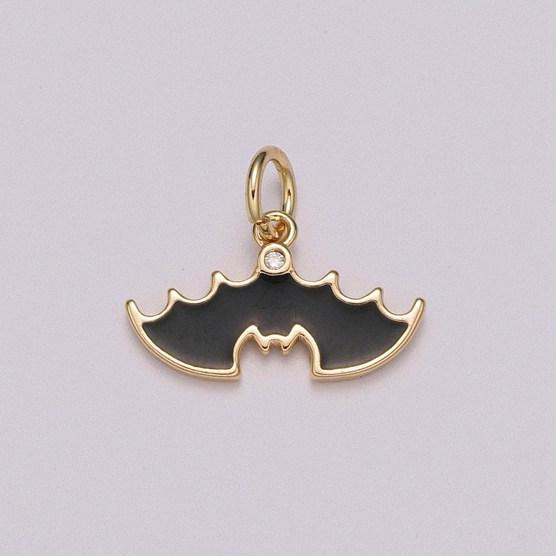 18k Gold Filled Dainty Black Enamel Bat and Broom Charm, Halloween Inspired Spoo