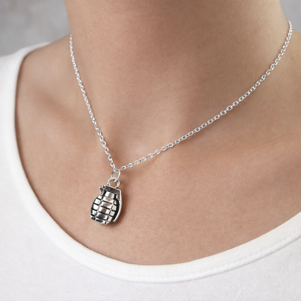 Silver 3D Hand Grenade Charm Necklace – Military Weapon Pendant Jewelry