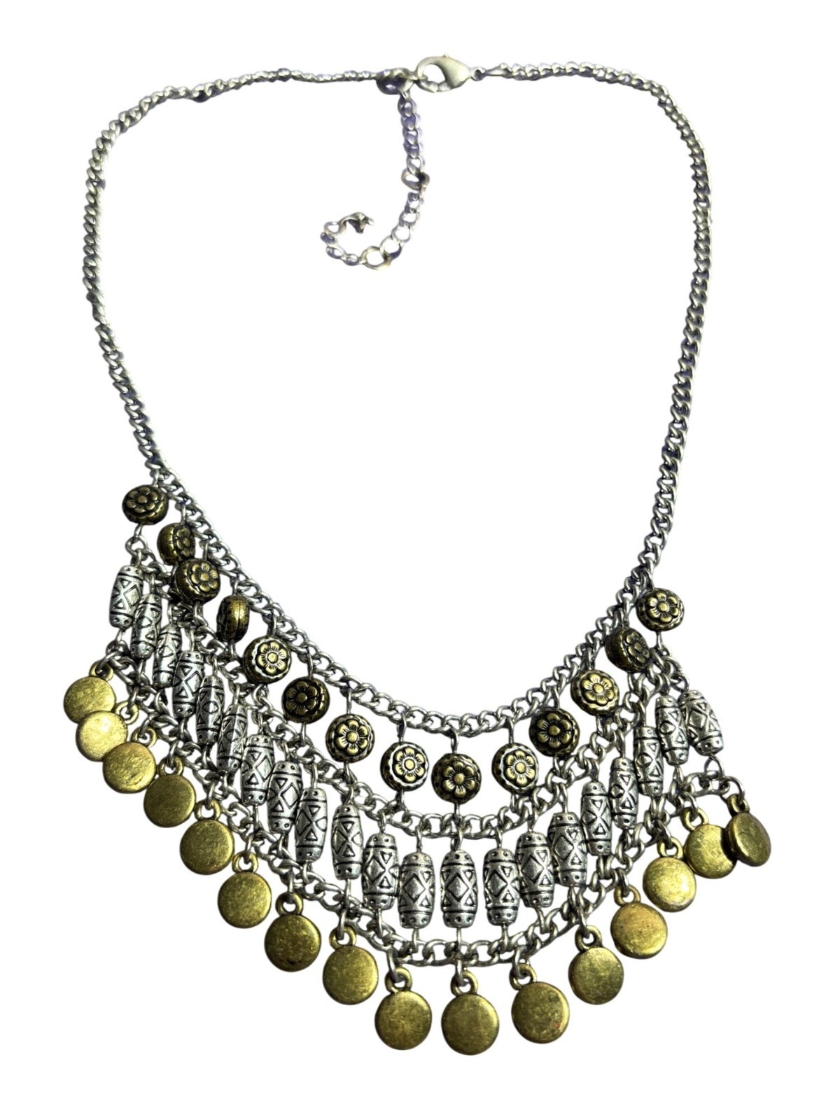 Silvertone Brass Color Metal Beaded Bib Necklace Floral 16 – 19 inches Long