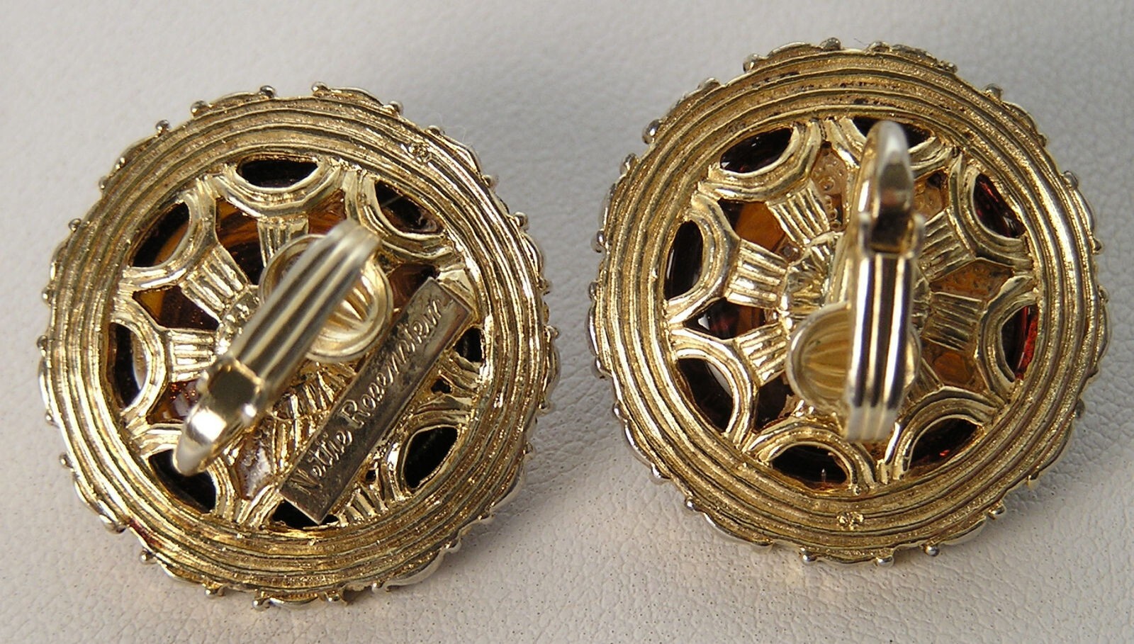 Nettie Rosenstein Bronze w/Gold Metalflake Swirl Cabochon & Rhinestone Earrings