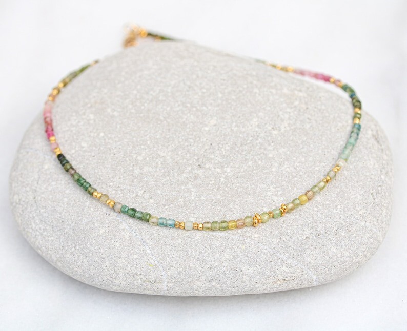 A+ Multi Tourmaline Faceted Round Gemstone Gold Filled Beads Necklaces 18″ Women