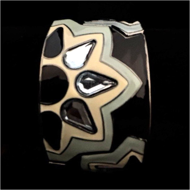 Enamel Flower Bangle Bracelet Black Cream Silver Art Deco Theme
