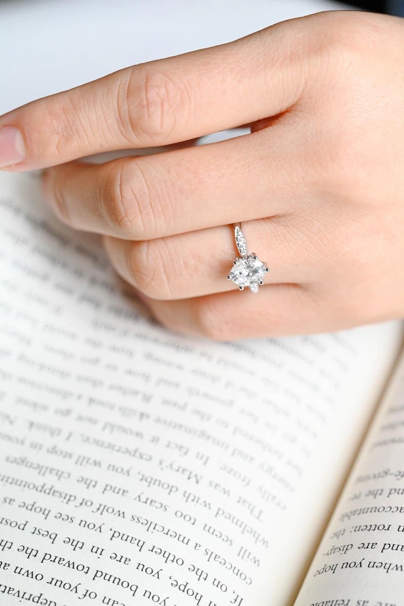 Solitaire Oval Moissanite With 18k White Gold Plated Silver Women’s Ring #175