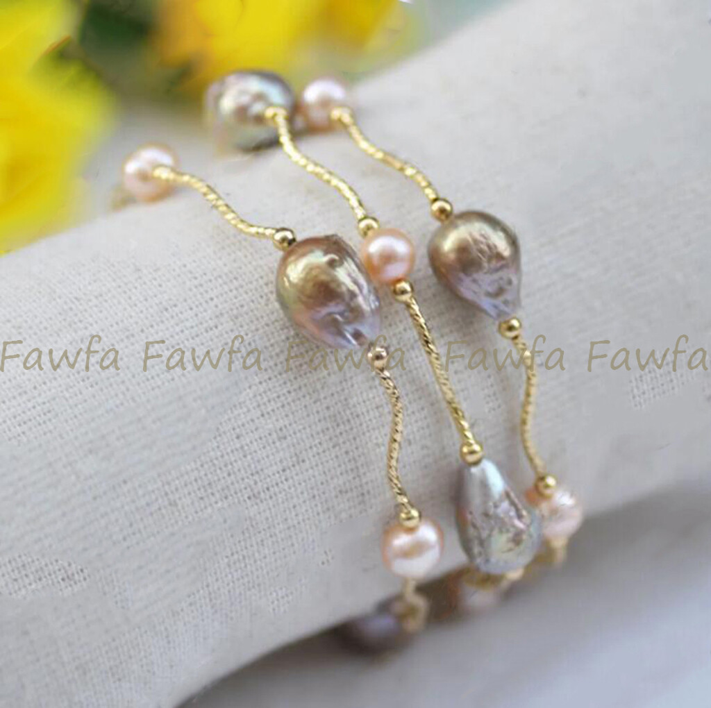 3 Rows Natural 11-13mm Multicolor Baroque Edison Keshi Pearl Beads Bracelet 8”