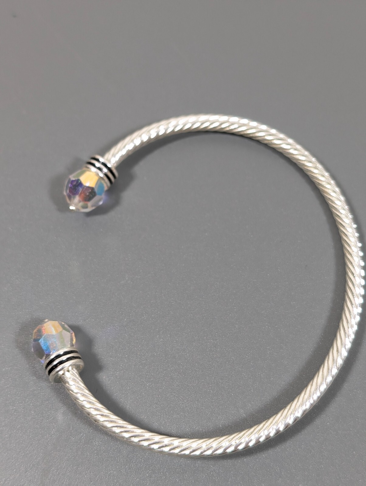 Silver Tone Cable Cuff AB Faceted Class Bracelet 6.5 inch