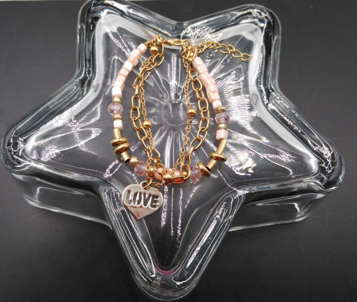 Gold Tone 3 Chains Heart Salmon-Pink Quartz Stone Faceted Beads Bracelet 7″