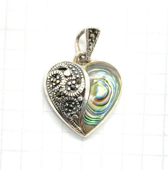ABALONE SHELL HEART PENDANT Marcasite Stones Filigree .925 STERLING SILVER