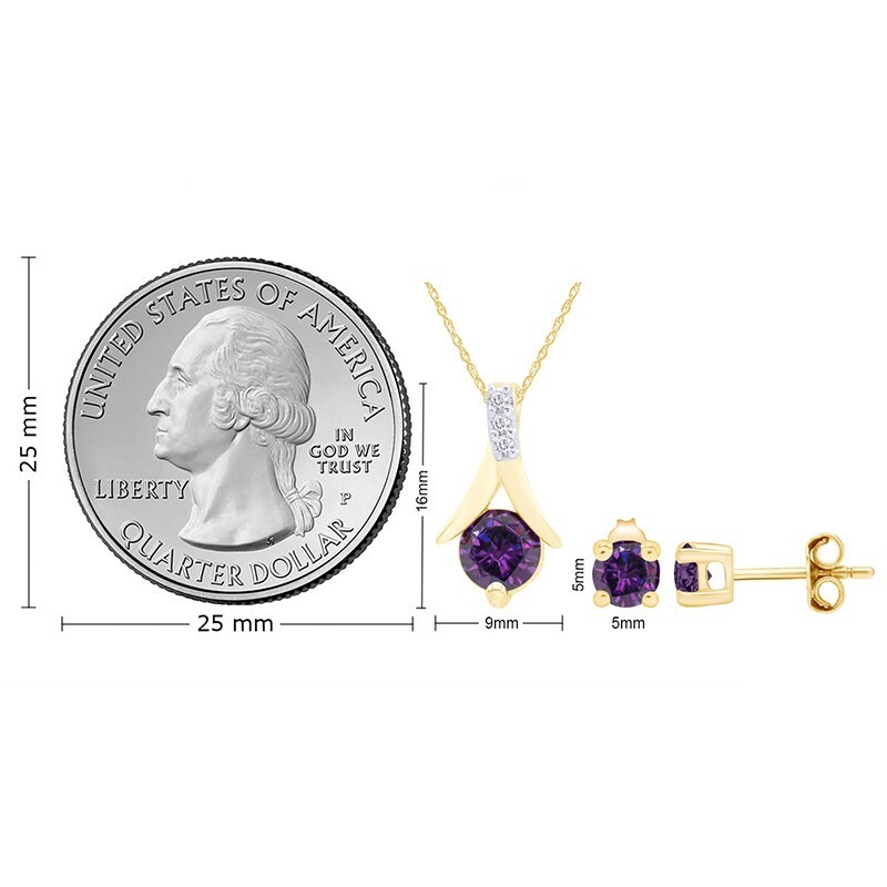 Solitaire Necklace & Earrings Set Simulated Amethyst 18″ Chain Sterling Silver