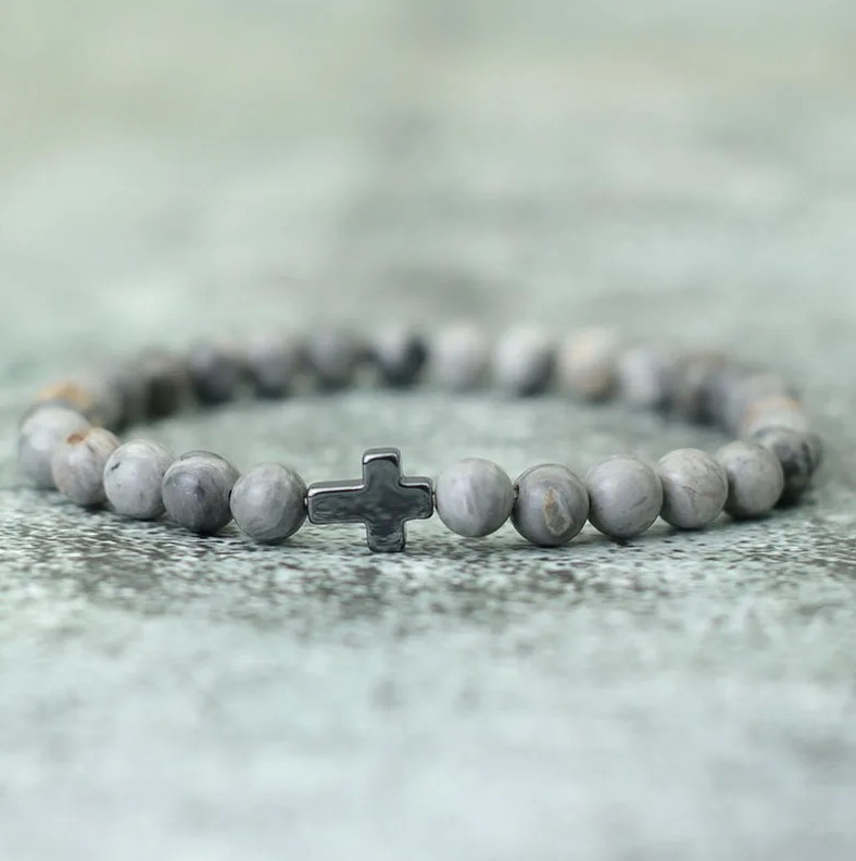 1 pc Minimalist Men’s Cross Bracelet – 6mm Tiger Eye Stone Beaded Wristband Gift
