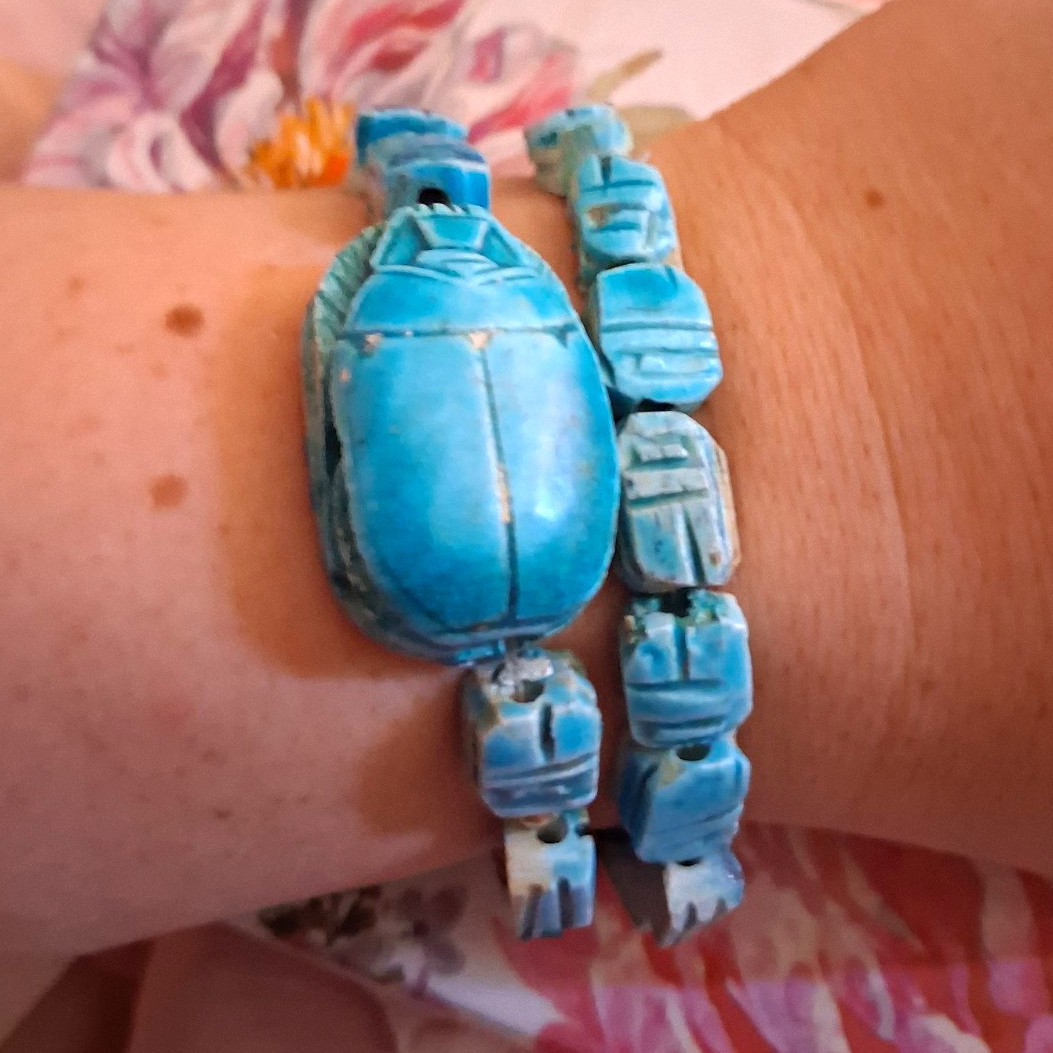 Antique Blue Stone Scarab Beaded Stretch Bracelets Set of 2, Stackable Egyptian