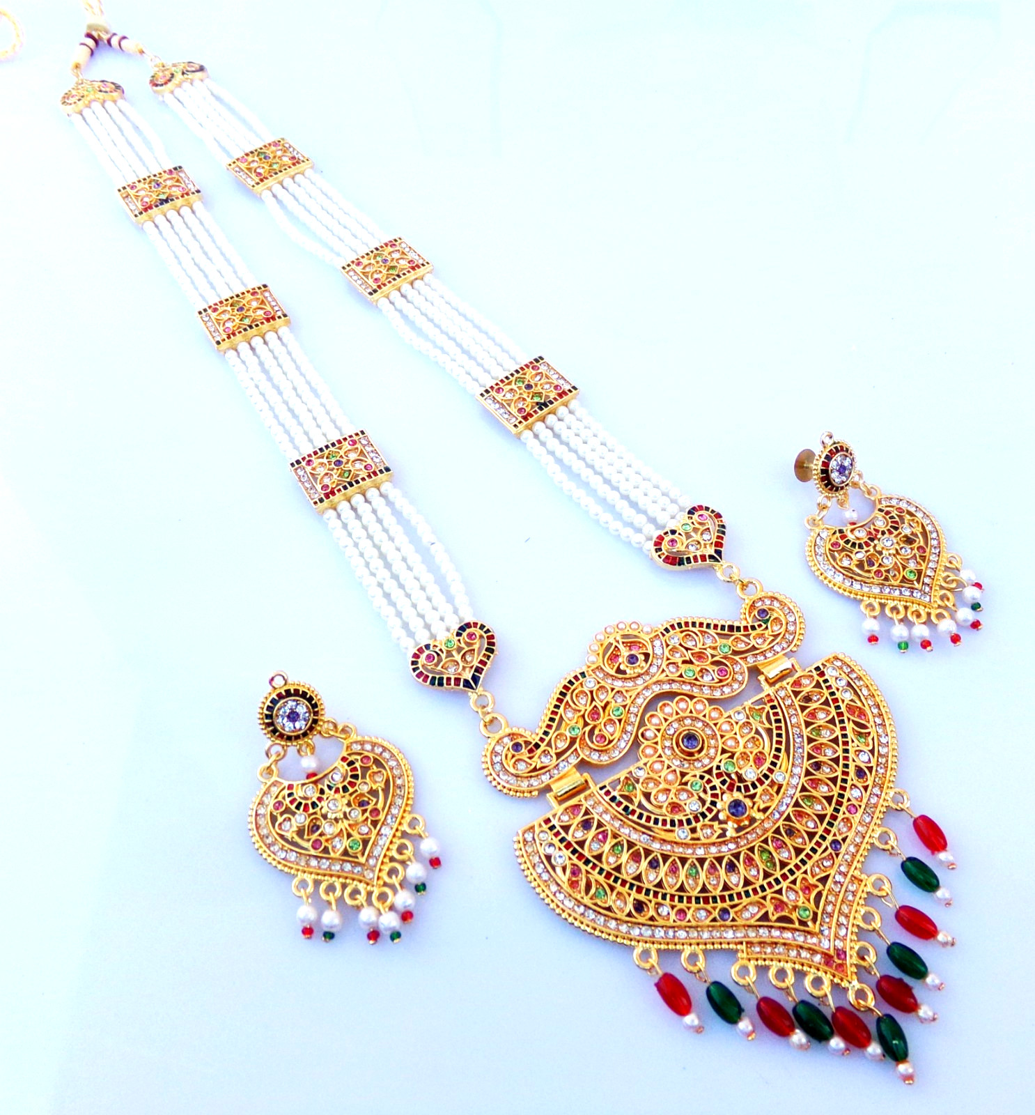 Bollywood Indian Gold Plated Pearl Fashion Long CZ Necklace Earring Jewelry Set