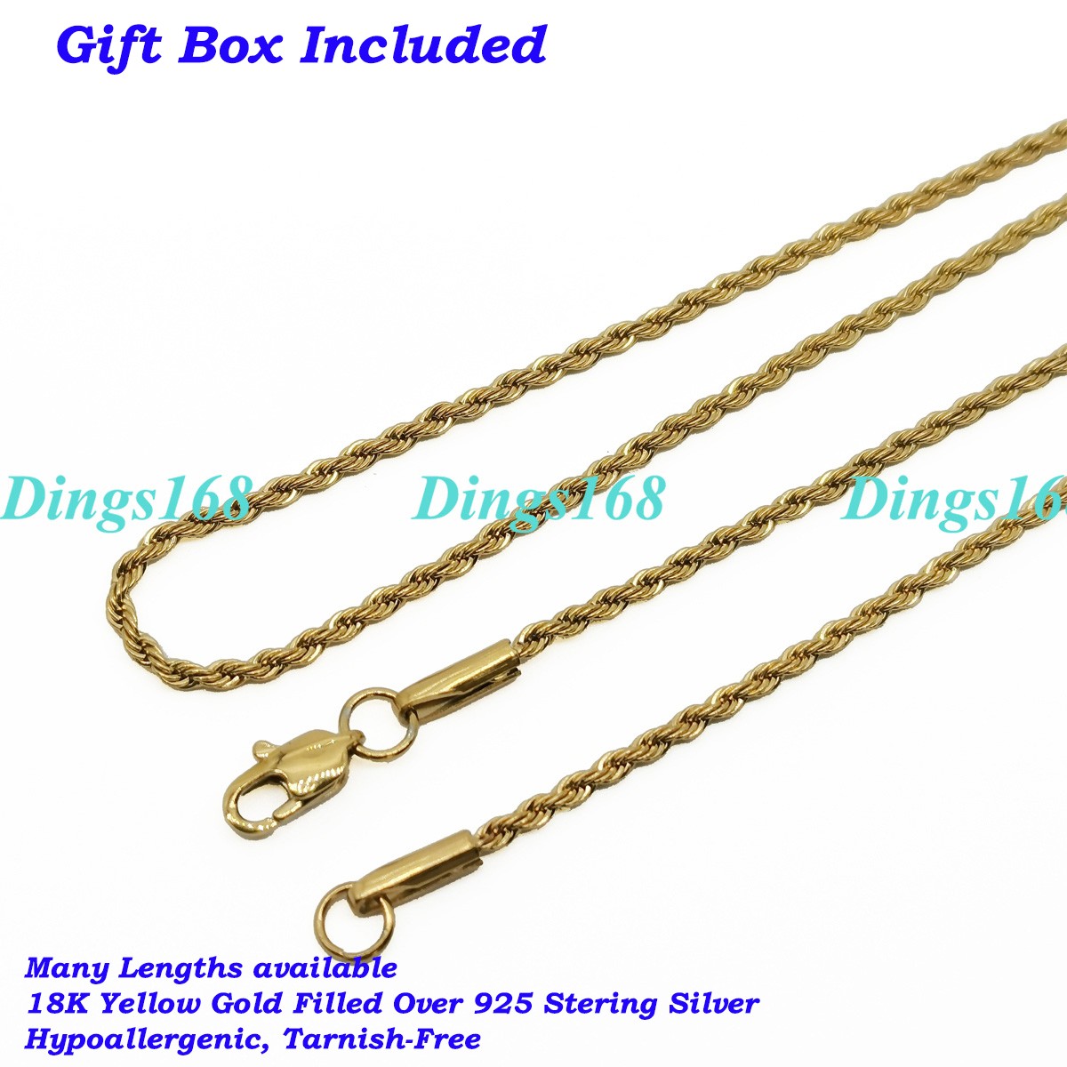 18K Yellow Gold over Sterling Silver Hypoallergenic 28″ 4mm Rope Chain Necklace