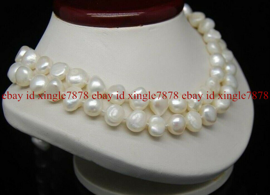 Long 36 Inches 9-10mm Natural White Freshwater Baroque Pearl Necklace
