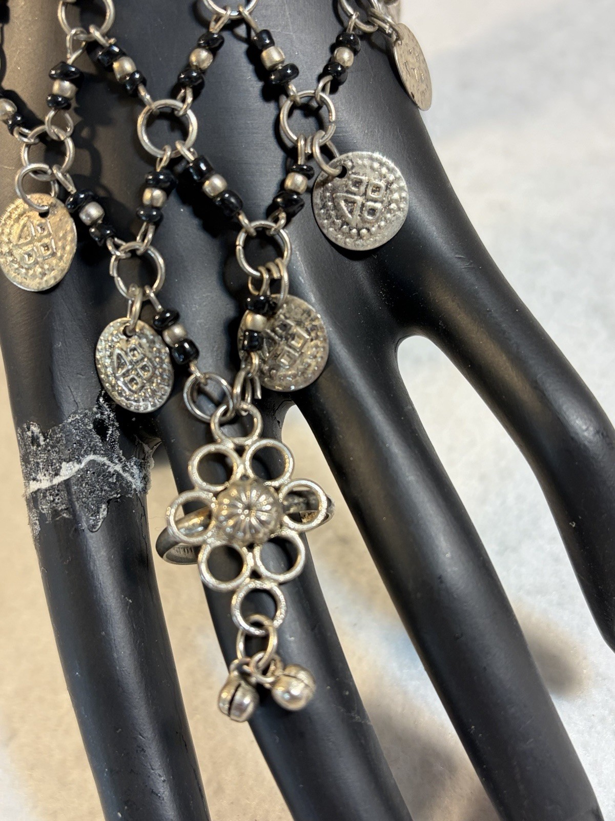 Boho Blck Bead Silver Coin Hand Chain Slave Bracelet Ring Hathphool Belly Dance