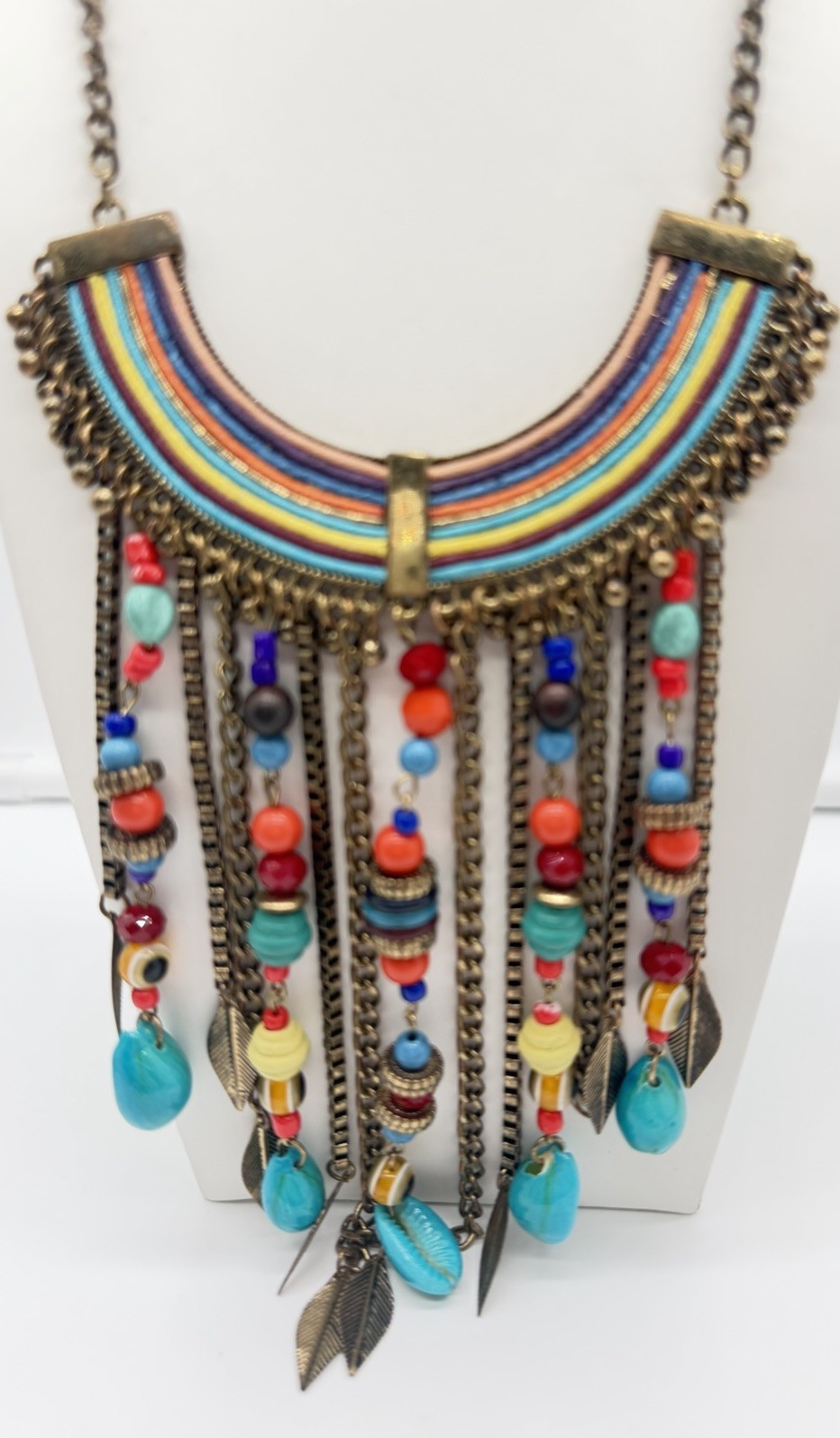 Boho Statement Fringe Bib Necklace Rainbow Cord Faux Turquoise Beaded Festival