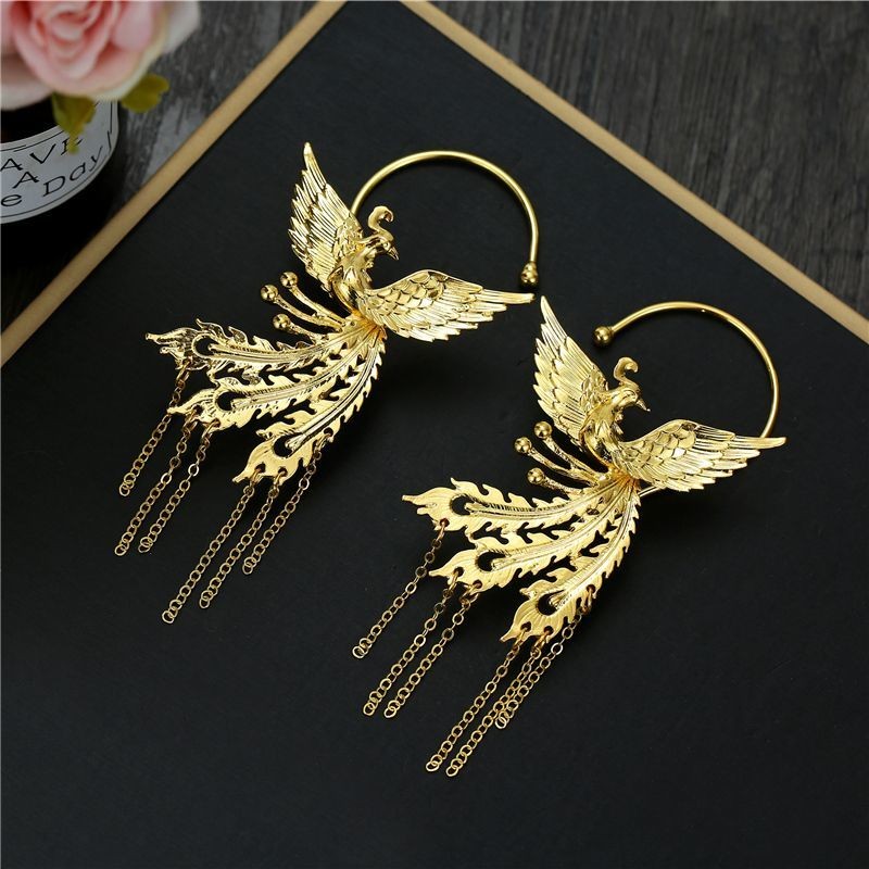 Bridal Gold Plated Phoenix Tassel Ear Cuff Chinese Cheongsam Accessory