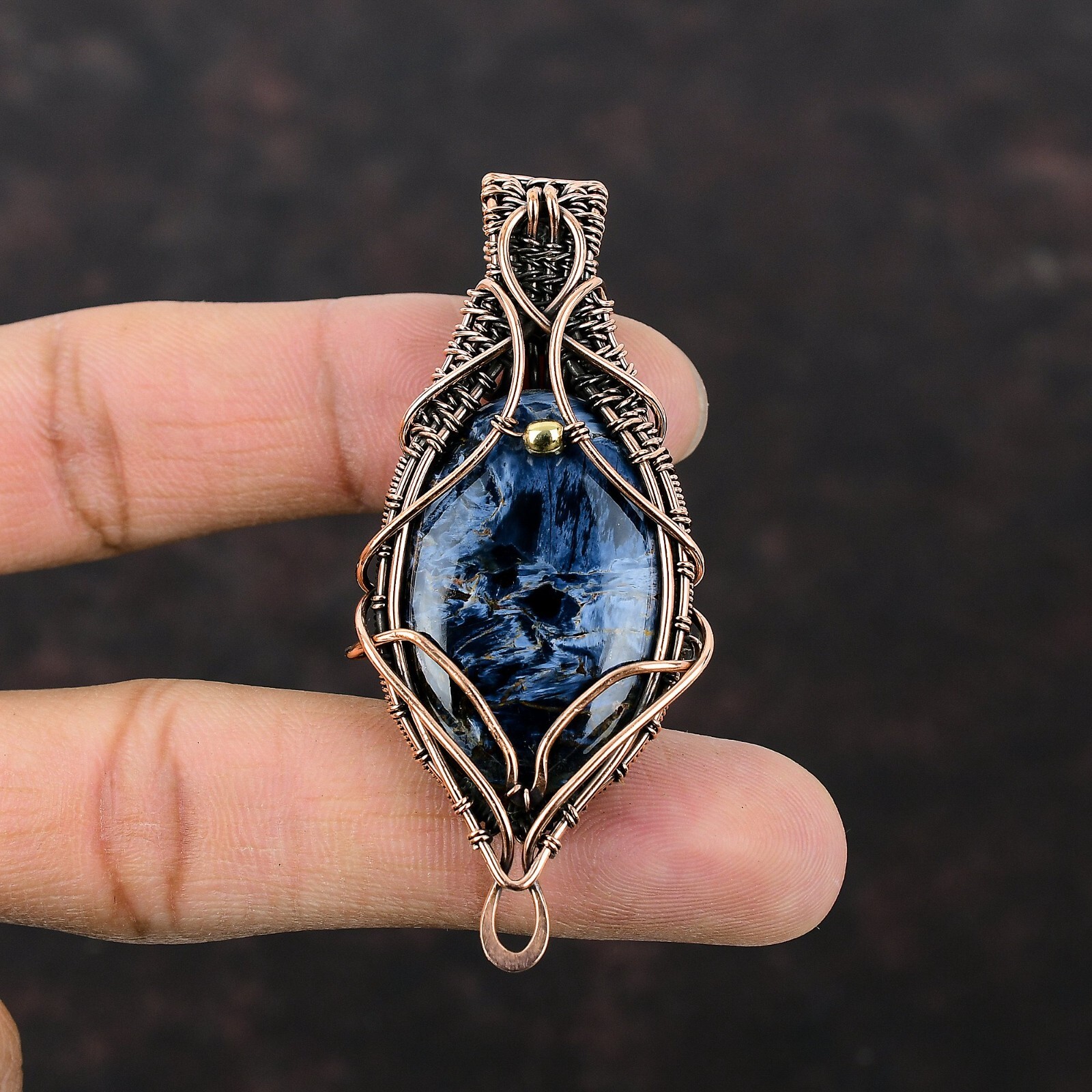 Pietersite Gemstone Wire Wrapped Pendant Handcrafted Copper Ethnic Jewelry 2.64″