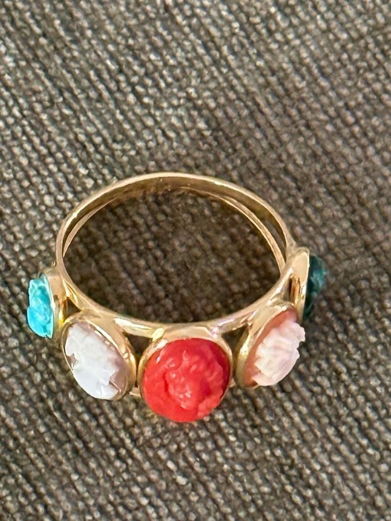 Cameo RING Five Portrait Heads Yellow 14KT Italy, size 7.5