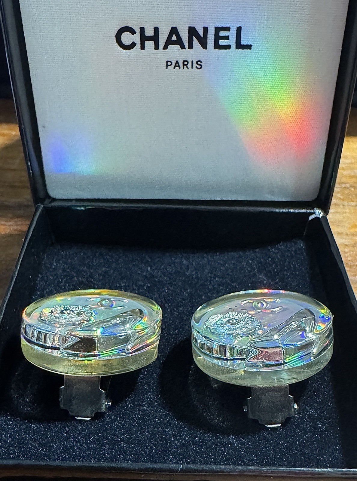 CHANEL Holographic Aurora Earrings Coco Mark High Heels Camelia